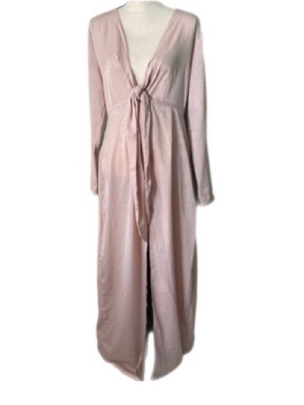 Nasty Gal blush satin vneck bow tie Satin long sleeves casual maxi dress